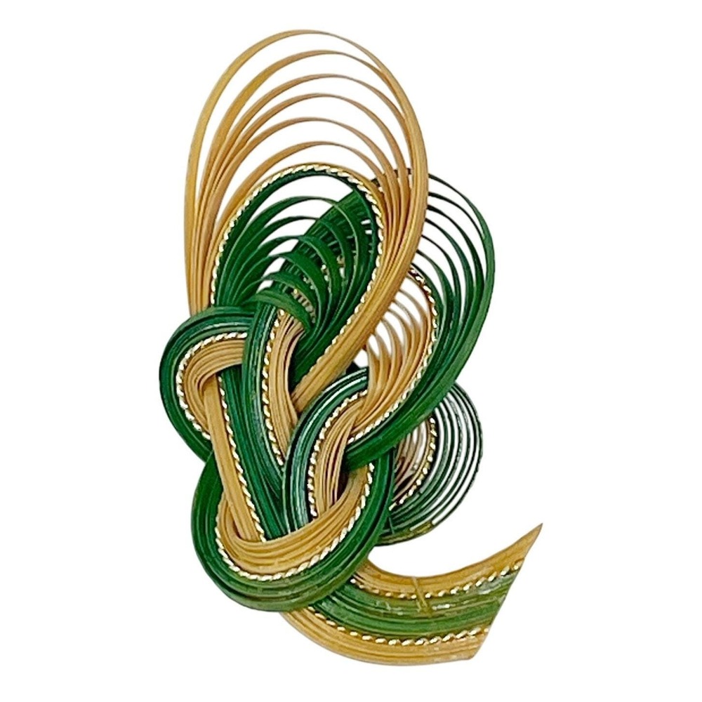 Vintage Green Wicker Wood Woven Hand Made Accent Abstract Brooch Pin Swirl 2"